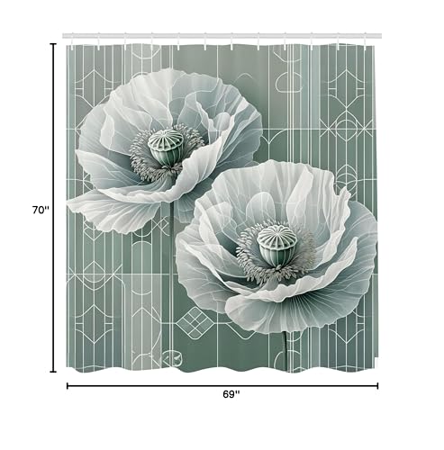 Ambesonne Green Shower Curtain, Futuristic Design Of Poppy Flowers With Dreamy Petals And Scandi Lines, Cloth Fabric Bathroom De